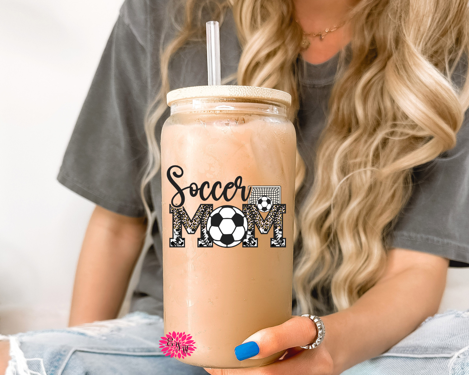 Iced Coffee Glass, Soccer Mom Iced Coffee Glass, Mother's Day Glass, 16oz. Glass Lid & Straw, Soccer Mom Iced Coffee Glass With Lid