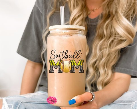 Iced Coffee Glass, Softball Mom Iced Coffee Glass, Mother's Day Glass, 16oz. Glass Lid & Straw, Softball Mom Iced Coffee Glass With Lid