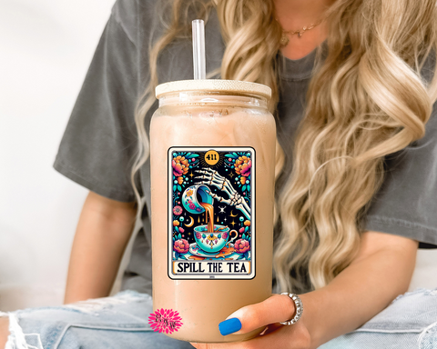 Spill The Tea Glass, Spill The Tea Iced Coffee Glass, 16oz. Pint Glass Lid & Straw, Funny Tarot Card Iced Coffee Glass, Beer Glass Can