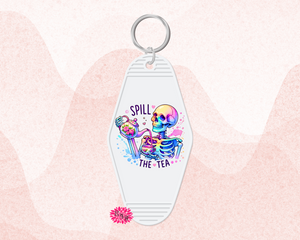 Motel Keychain, Spill The Tea Keychain, Funny Best Friends Keychain, Backpack Tag, Retro Keychain, UV Printed Keyring, Spill The Tea Key Fob