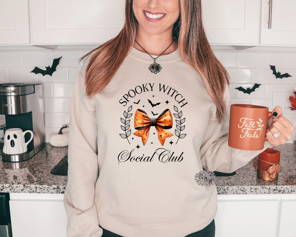 Fall Sweatshirt, Spooky Witch Social Club Coquette Bow Sweatshirt, Halloween Adult Sweatshirt, Halloween Sweatshirt, Many Colors