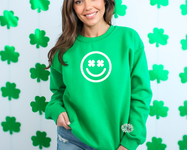 St. Patrick's Day Sweatshirt, Shamrock Smiley Face Crewneck Sweatshirt, St. Patty's Day Adult Sweatshirt, Smiley Sweatshirt. Lots Of Colors