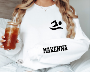 Swim Sweatshirt, Personalized Swim Sweatshirt, Name On Sleeve, Swimming Crewneck Sweatshirt, Many Sweatshirt And Text Colors