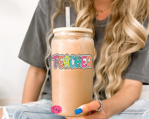 Teacher Dalmation Letters Iced Coffee Glass, Teacher Glass, 16oz. Pint Glass Lid & Straw, Bright Letters Iced Coffee Glass, Beer Glass Can