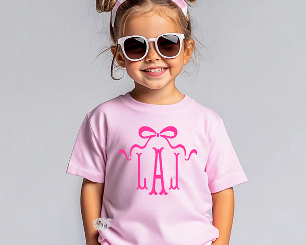 Kids Monogram T-Shirt, Children's Monogram Shirt, Kids Tee Shirt, Lots Of Text & Shirt Colors, Children's Crewneck Shirt, Kids Bow T-Shirt