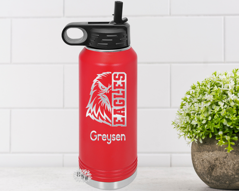 Engraved Water Bottle, Personalized Eagles Mascot Etched Water Bottle With Straw, 4 SIZES Stainless Steel Water Bottle, Sports Bottle