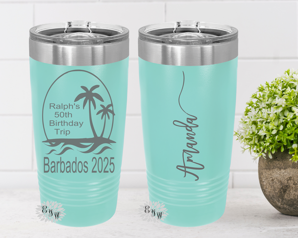 Vacation Tumbler, Engraved 20oz 2-Sided Tumbler, Personalized Etched Tumbler, Slider Lid, Stainless Steel Coffee Tumbler, Your Name, Saying