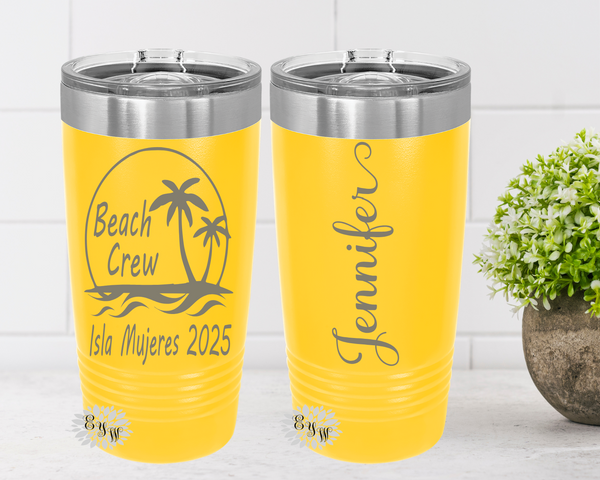 Vacation Tumbler, Engraved 20oz 2-Sided Tumbler, Personalized Etched Tumbler, Slider Lid, Stainless Steel Coffee Tumbler, Your Name, Saying