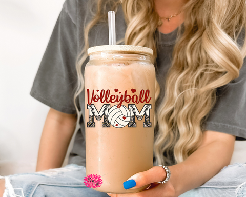 Iced Coffee Glass, Volleyball Mom Iced Coffee Glass, Mother's Day Glass, 16oz. Glass Lid & Straw, Volleyball Mom Iced Coffee Glass With Lid