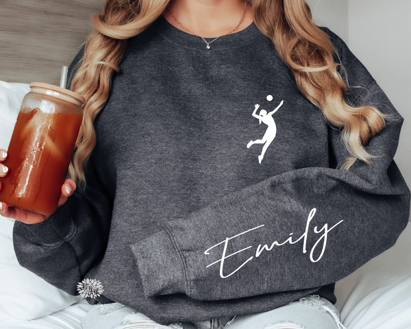 Volleyball Sweatshirt, Personalized Volleyball Sweatshirt, Name On Sleeve, Volleyball Crewneck Sweatshirt, Many Sweatshirt And Text Colors