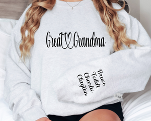 Great Grandma Sweatshirt, Great Grandma Sweatshirt, Personalized Sweatshirt With Kids Names On Sleeve, Lots Of Sweatshirt & Text Colors