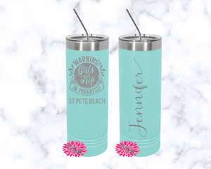 Girls Trip Vacation Engraved Tumbler, 2 Sided Etched Tumbler, Personalized Vacation Tumbler, Girls Getaway Cup Skinny Steel, Slider Lid