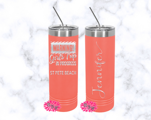 Girls Trip Vacation Engraved Tumbler, 2 Sided Etched Tumbler, Personalized Vacation Tumbler, Girls Getaway Cup Skinny Steel, Slider Lid