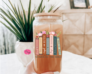 Iced Coffee Glass, Women Of The Bible Iced Coffee Glass 16oz. Pint Glass Lid & Straw, Iced Coffee Glass, Floral Religious Glass