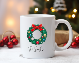 Personalized Christmas Mug, Christmas Wreath Mug, 11oz Ceramic Coffee Mug With Handle, Permanent Ink, Dishwasher Safe, Microwave Safe