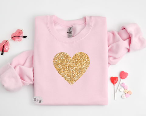 Valentines Sweatshirt, Valentine's Day Gold Glitter Heart Crewneck Sweatshirt, St Valentine's Day Adult Sweatshirt, Valentine's Day Shirt