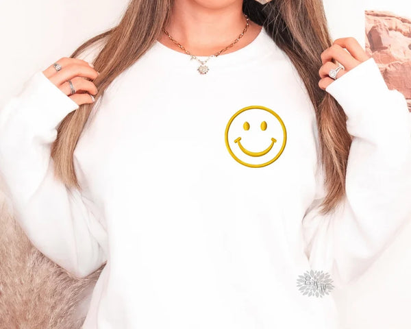 Smiley Face Embroidered Sweatshirt, Smiley Crewneck Sweatshirt, Smiley Face Embroidered Adult Sweatshirt, Smiley Face Sweatshirt Many Colors