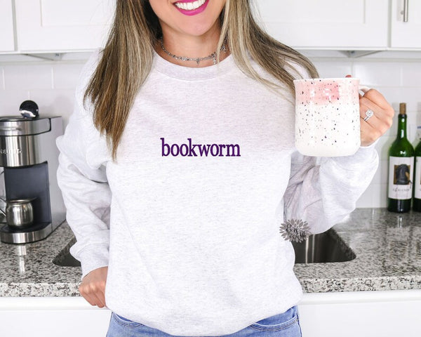 Bookworm Embroidered Sweatshirt, Bookworm Crewneck Sweatshirt, Bookworm Embroidered Adult Sweatshirt, Reading Sweatshirt Many Colors