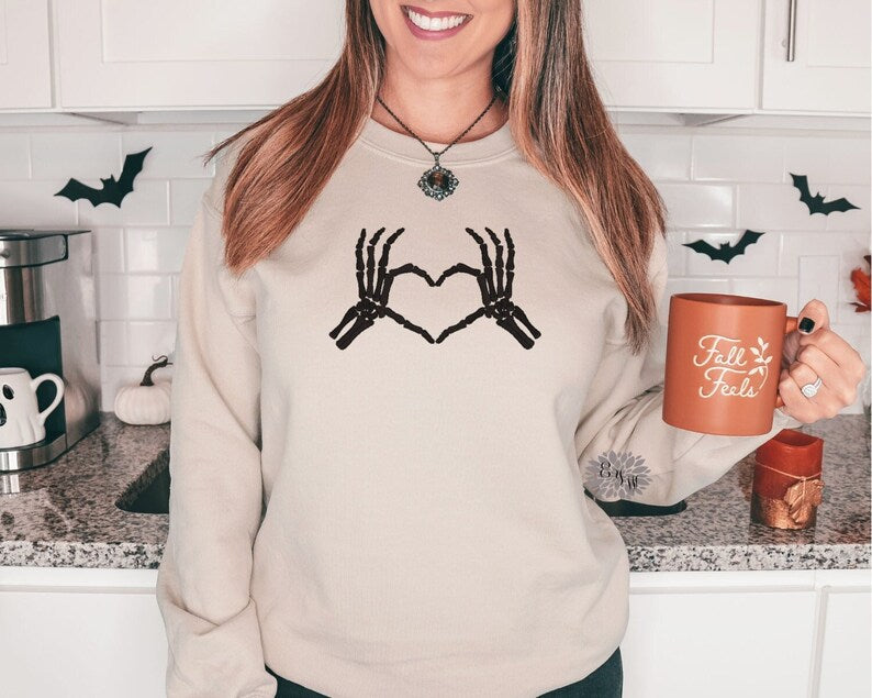 Skeleton Heart Hands Embroidered Sweatshirt, Halloween Embroidered Crewneck Sweatshirt, Embroidered Adult Sweatshirt, Many Colors