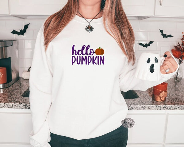 Hello Pumpkin Embroidered Sweatshirt, Halloween Embroidered Crewneck Sweatshirt, Fall Embroidered Adult Sweatshirt