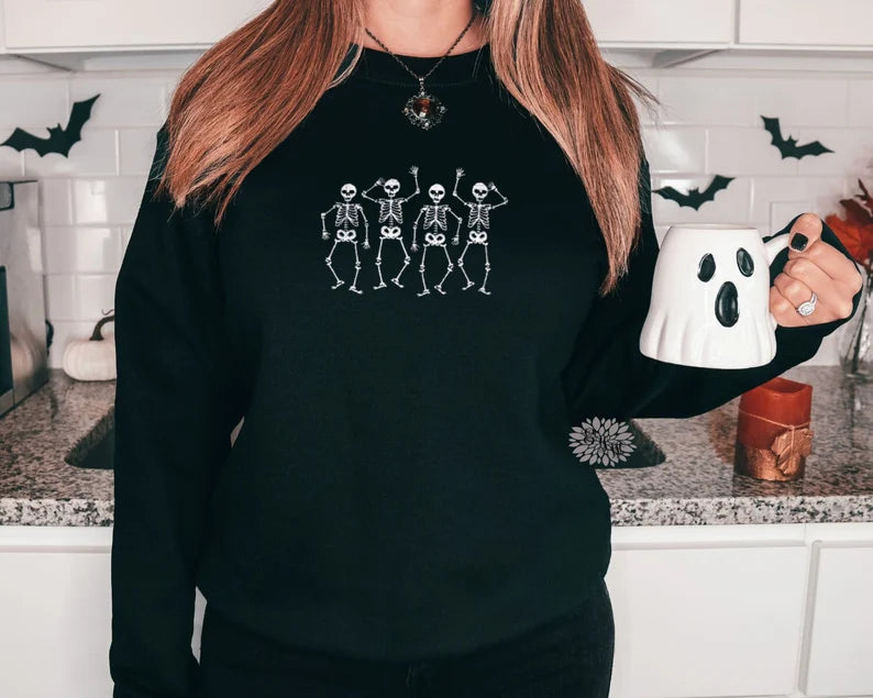 Skeleton Embroidered Sweatshirt, Dancing Skeletons Embroidered Crewneck Sweatshirt, Embroidered Adult Sweatshirt, Many Color Shirts