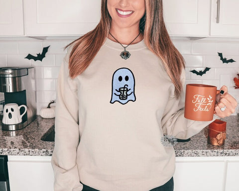 Little Ghost Sweatshirt, Iced Coffee Ghost Embroidered Sweatshirt, Fall Sweatshirt Halloween Embroidered Crewneck Sweatshirt, Many Colors