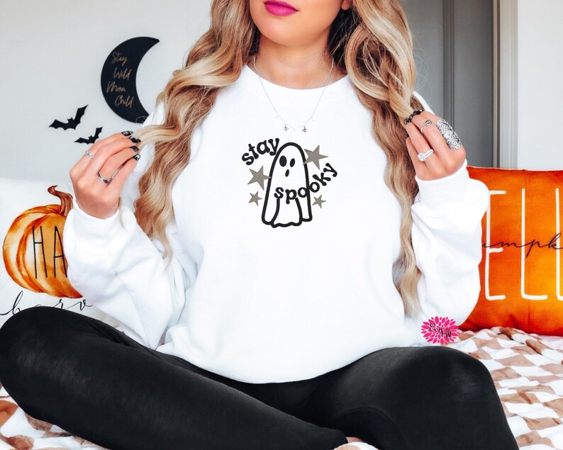 Stay Spooky Sweatshirt, Little Ghost Embroidered Sweatshirt, Fall Sweatshirt Halloween Embroidered Crewneck Sweatshirt, Many Colors