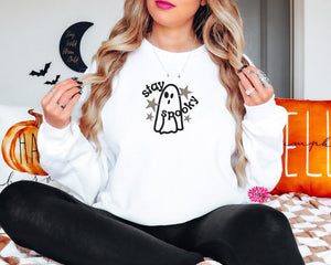 Stay Spooky Sweatshirt, Little Ghost Embroidered Sweatshirt, Fall Sweatshirt Halloween Embroidered Crewneck Sweatshirt, Many Colors