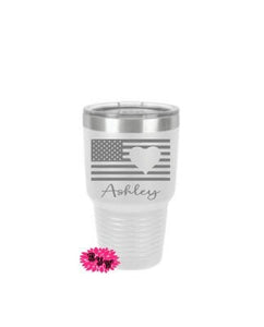 Engraved 30oz Tumbler, American Flag With Heart Etched Tumbler, Independance Day, Personalized 4th of July Tumbler, Stainless Steel Tumbler