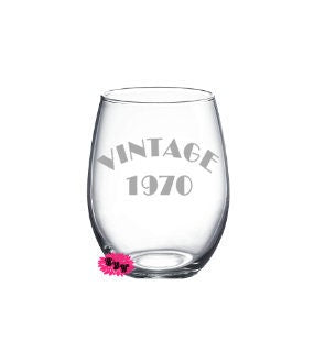 Engraved Stemless Wine Glass, Etched Wine Glass, Vintage 1970 Wine Tumbler, Stemless Wine Glass, 50th Birthday Gift, Any Year