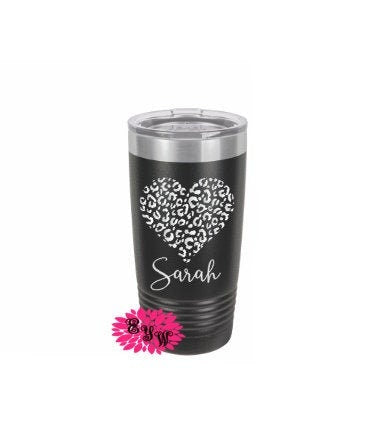 Engraved Tumbler, Personalized Leopard Heart Tumbler, Etched Tumble, Stainless Steel Coffee Tumbler, Slider Lid Coffee Cup