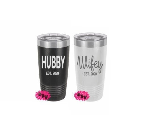 Engraved 20oz Tumbler, Etched Tumbler, Honeymoon Tumbler, Hubby And Wifey Set, Wedding Tumblers Slider Lid, Stainless Steel Coffee Tumbler