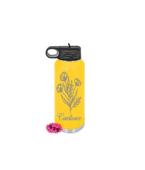 Engraved Floral Water Bottle, Personalized Etched Water Bottle With Straw, Custom Stainless Water Bottle, Stainless Steel Sport Bottle