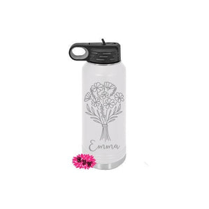 Engraved Floral Water Bottle, Personalized Etched Water Bottle With Straw, Custom 32oz Stainless Water Bottle, Stainless Steel Sport Bottle