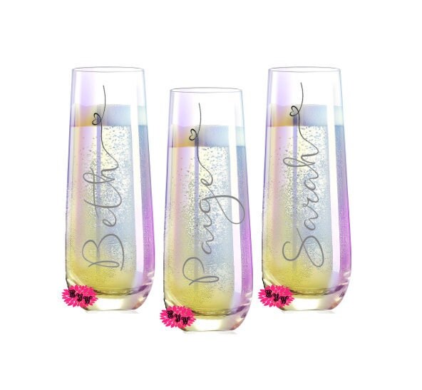 Engraved Champagne Glass, Personalized Iridescent Champagne Flute, Personalized Mimosa Tumbler, One Custom Glass Champagne Flute