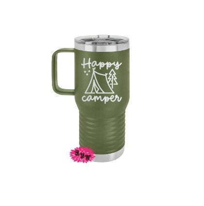 Happy Camper Coffee Mug, Engraved Stainless Steel Coffee Tumbler With Slider Lid, 20oz Coffee Mug With Handle, Custom Logo Coffee Cup