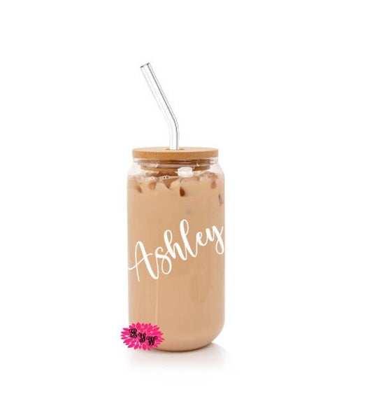 Engraved Beer Can Glass, Etched Personalized Iced Coffee Glass, Personalized Soda Glass Can With Lid And Straw, Personalized Diagonal Name