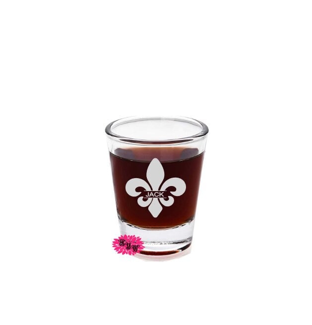 Engraved Shot Glasses, Etched Shot Glasses, Personalized Shot Glass, Personalized Bridal Box, 1 Custom Shot Glass, Fleur De Lis Shot Glass