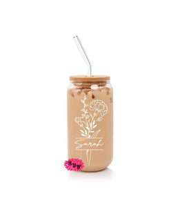 Engraved Beer Can Glass, Etched Personalized Iced Coffee Glass, Personalized Soda Glass Can With Lid And Straw, Birthday Month Flowers