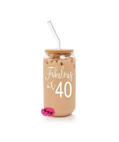 Engraved Beer Can Glass, Etched Personalized Iced Coffee Glass, Personalized Soda Glass Can With Lid And Straw, Fabulous At 40, Any Age