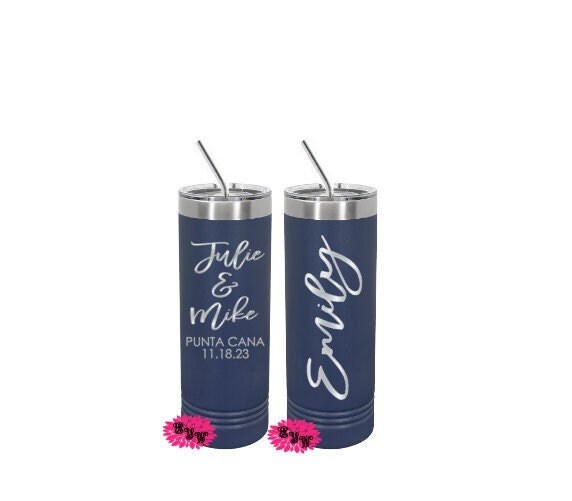 Engraved Skinny Tumbler, Destination Wedding Cups, Etched Tumbler, Wedding Favor Cup, Etched Skinny Tumbler With Sliding Lid, Lots Of Colors