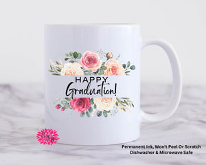 Coffee Mug, Happy Graduation Watercolor Floral Mug, 11oz Ceramic Coffee Mug With Handle, Permanent Ink, Dishwasher Safe, Microwave Safe