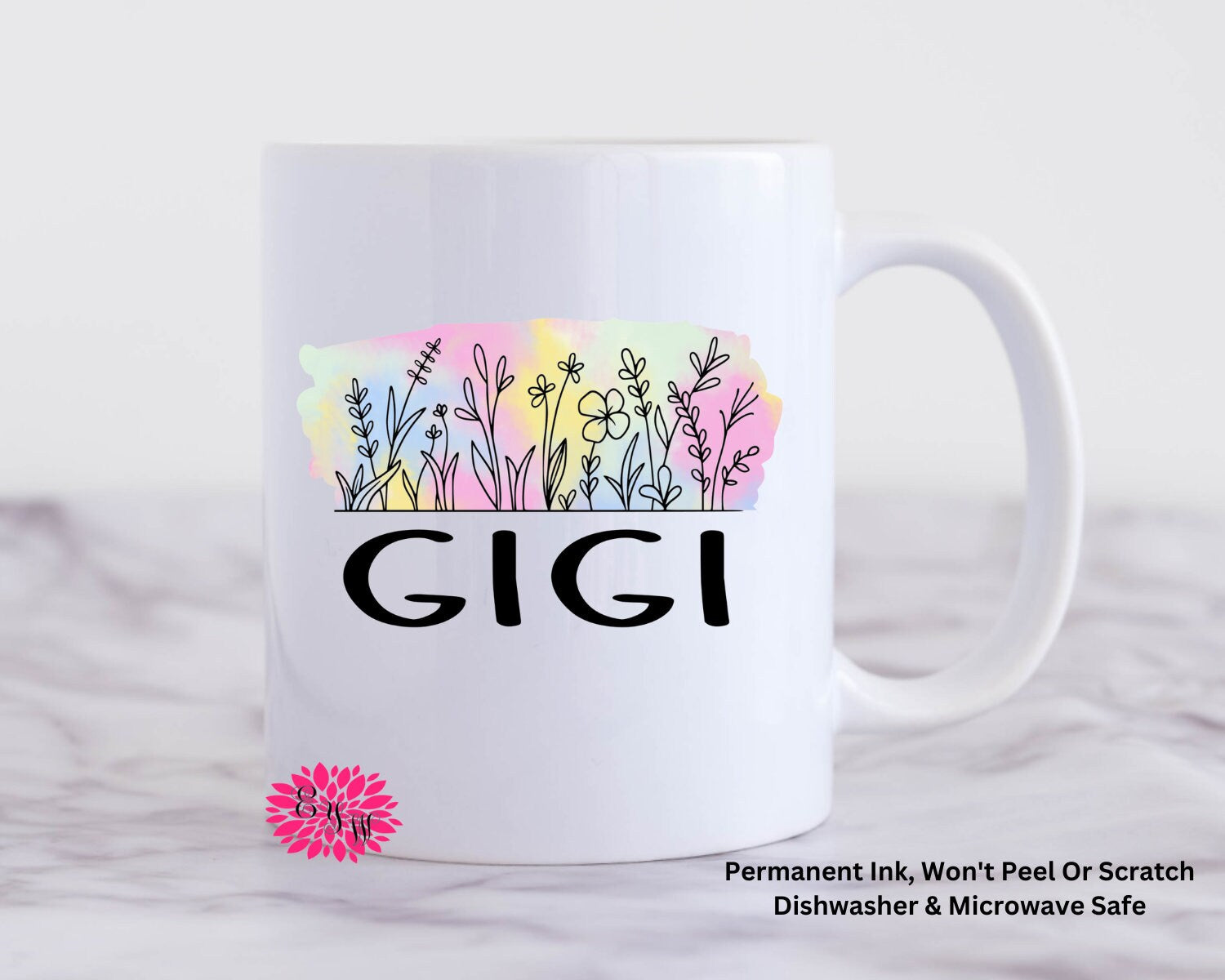 Coffee Mug, Gigi Mother's Day Watercolor Floral Mug, 11oz Ceramic Coffee Mug With Handle, Permanent Ink, Dishwasher Safe, Microwave Safe