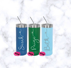 Engraved Tumbler, Etched Tumbler, Etched Skinny Steel Tumbler With Slider Lid And Straw, 20oz Skinny Tumbler Lots Of Colors-Fonts