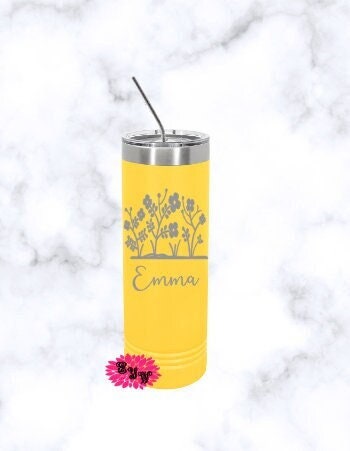 Engraved Floral Stainless Tumbler, Personalized Floral Tumbler, Etched Tumbler, Etched Skinny Steel Tumbler, Your Name