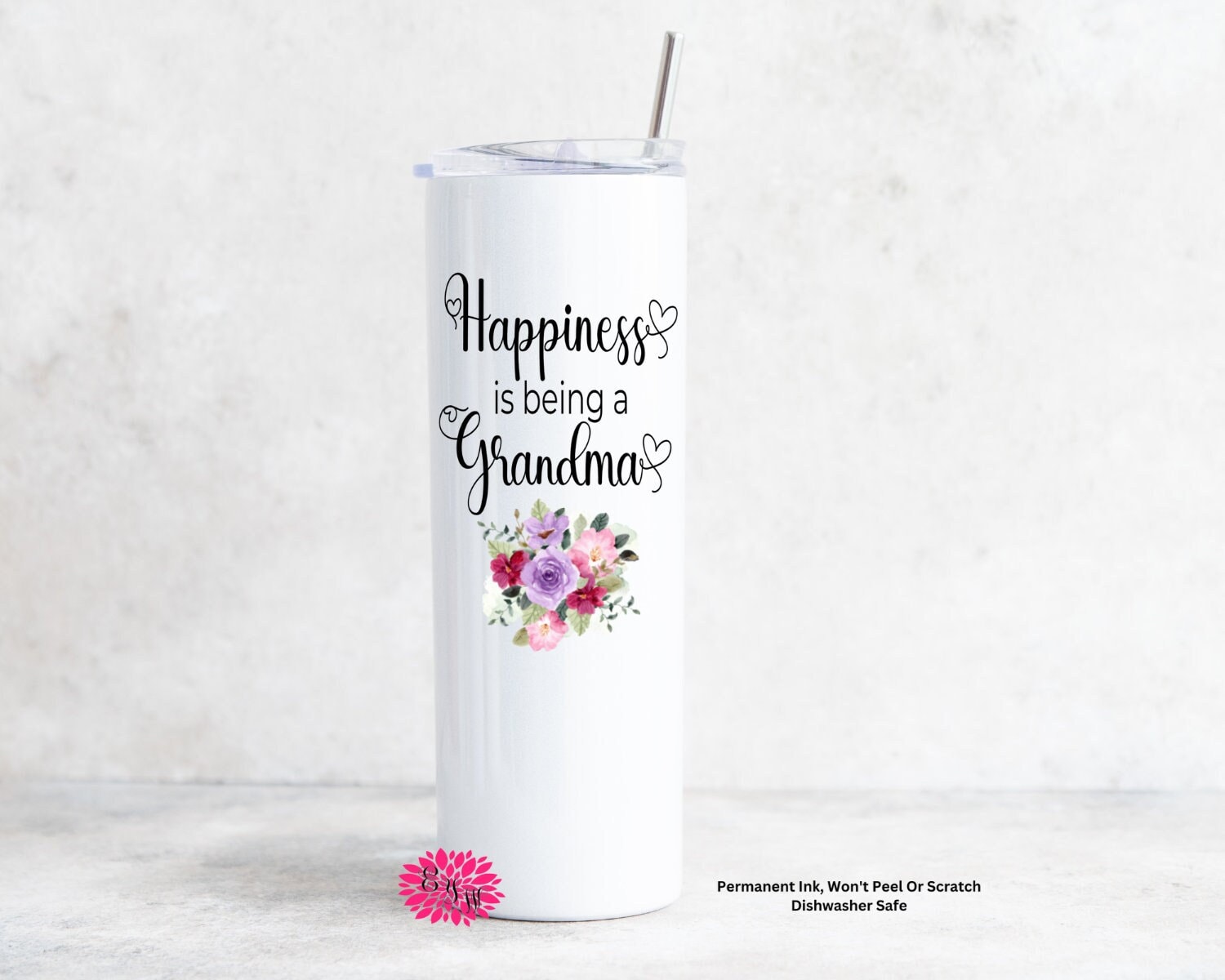 Happiness Is Being A Grandma Skinny Tumbler, Grandma Gift, 20oz Stainless Steel Tumbler W/Straw, Permanent Sublimation Ink, Dishwasher Safe