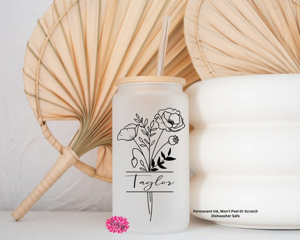 Birth Flower Glass, Personalized Birth Month Flower Glass Can, Iced Coffee Glass, Mother's Day Gift, Coffee Glass With Name, Birthday Flower