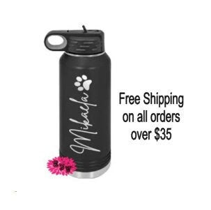 Engraved Water Bottle, Dog Paw Personalized Etched Water Bottle With Straw, 4 SIZES, Stainless Water Bottle, Stainless Steel Sport Bottle