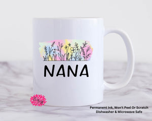 Coffee Mug, Nana Mother's Day Watercolor Floral Mug, 11oz Ceramic Coffee Mug With Handle, Permanent Ink, Dishwasher Safe, Microwave Safe