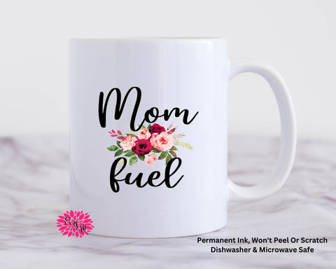 Coffee Mug, Mom Fuel Mother's Day Watercolor Floral Mug, 11oz Ceramic Coffee Mug With Handle, Permanent Ink, Dishwasher Safe, Microwave Safe